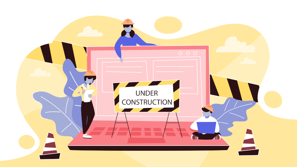 An illustration of construction workers working around an open laptop computer.